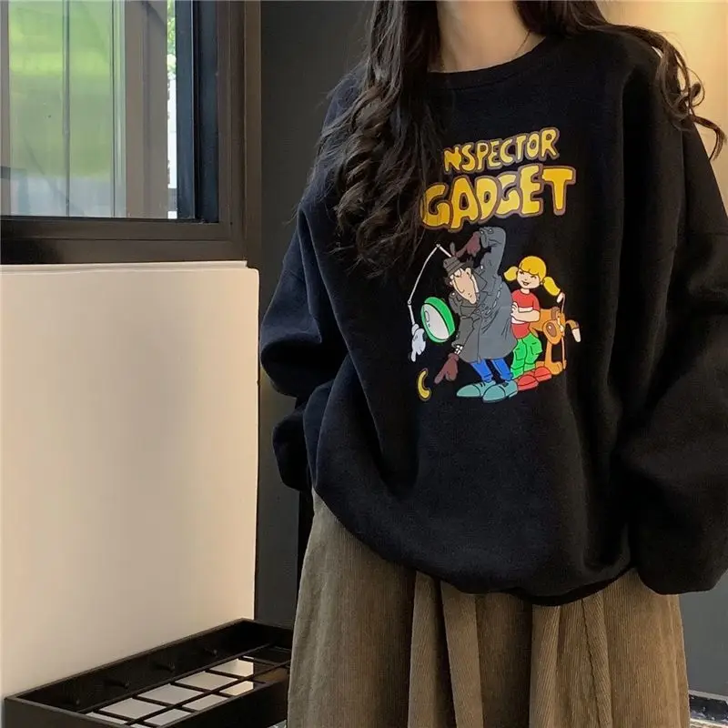 Zwart bedrukt sweatshirt met ronde hals Nisontwerp Amerikaanse zoete stijl Japanse veelzijdige losse slanke trui met lange mouwen