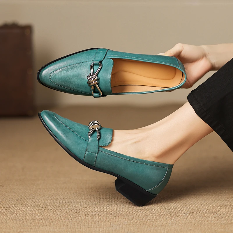 2026 new spring summer women pumps natural leather 22-25cm cowhide+pigskin round toe metal thick high heel loafers women shoes