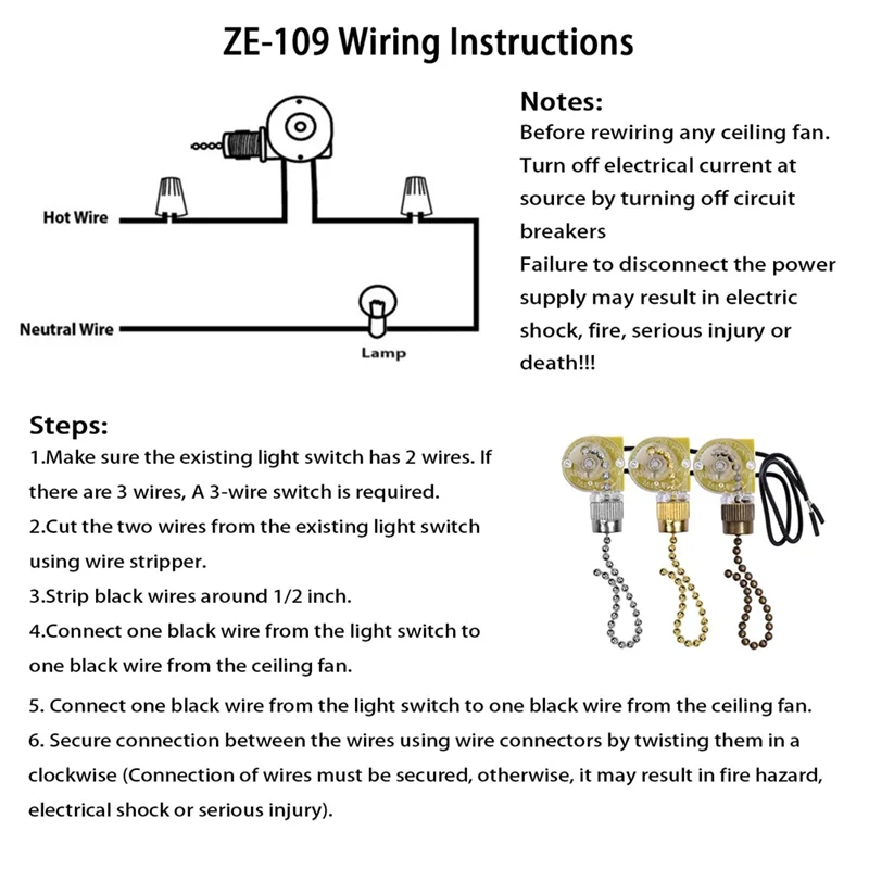 Two-Wire Light Switch with Pull Cords for Ceiling Light Fans, 2 Pcs