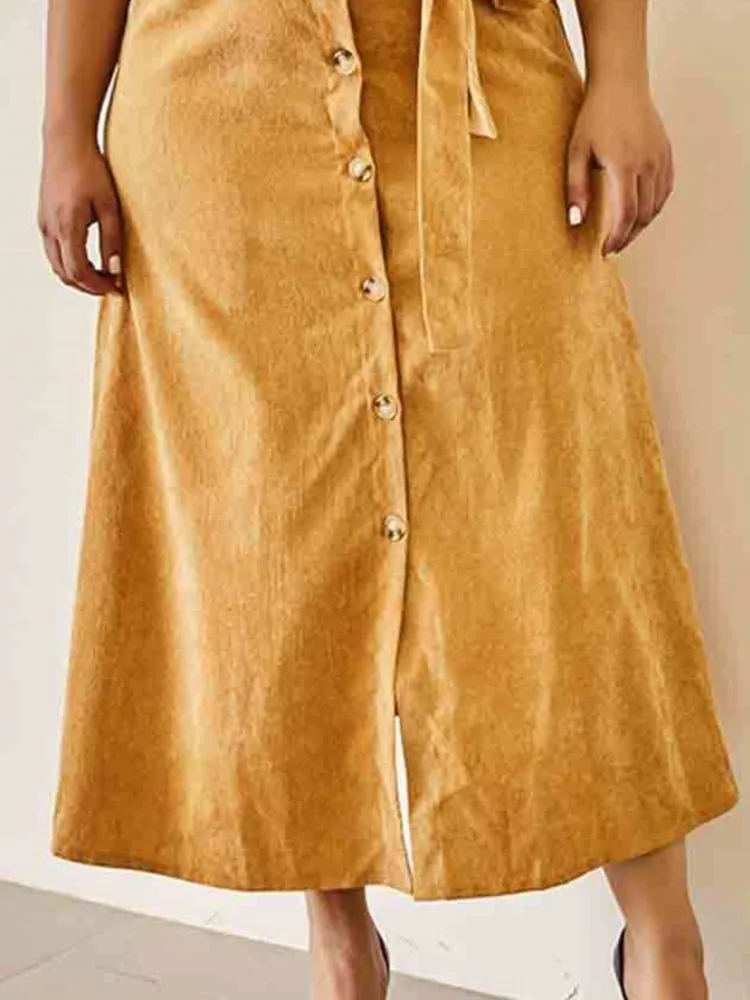 Plus Size Spring Corduroy Long A-Line Skirts Women Bow Fashion High Waist Ladies Skirts Casual Loose Split Pleated Woman Skirts