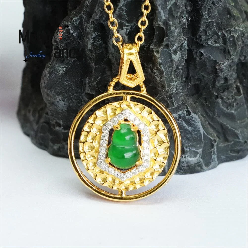 

S925 Silver Inlaid Natural Jadeite Ice Type Imperial Green Gourd Pendant Exquisite Elegant Charm High-grade Fashion Fine Jewelry