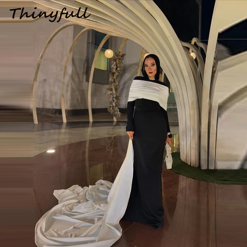 

Thinyfull Mermaid Arab Prom Dresses O-neck Satin Full Sleeves Evening Party Dress Long Formal Gown robes de soirée Customized