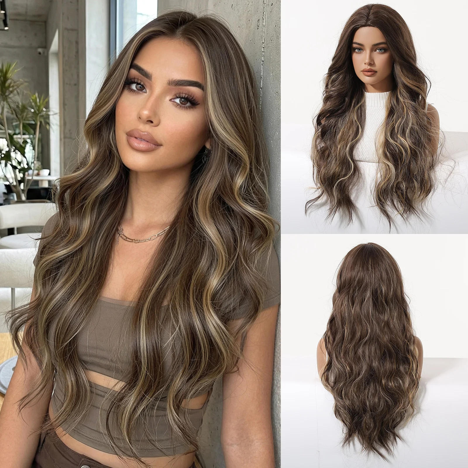 

Синтетический парик с эффектом перехода от темно-коричневого к светло-русому, длинный, волнистый, гладкий, термостойкий, для повседневного использования и вечеринок, для женщин, из синтетических волос