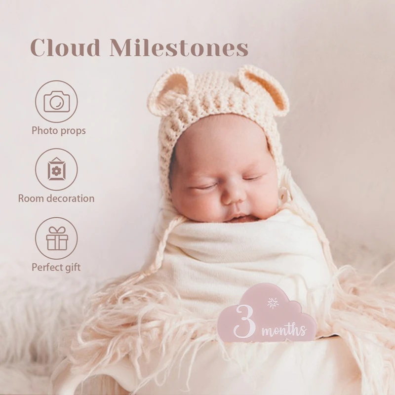 14Pcs Baby Acrylic Memorial Milestone Cards Cloud Shape Cards 0-12 Months Number Monthly Newborn Photography Props Birth Gift