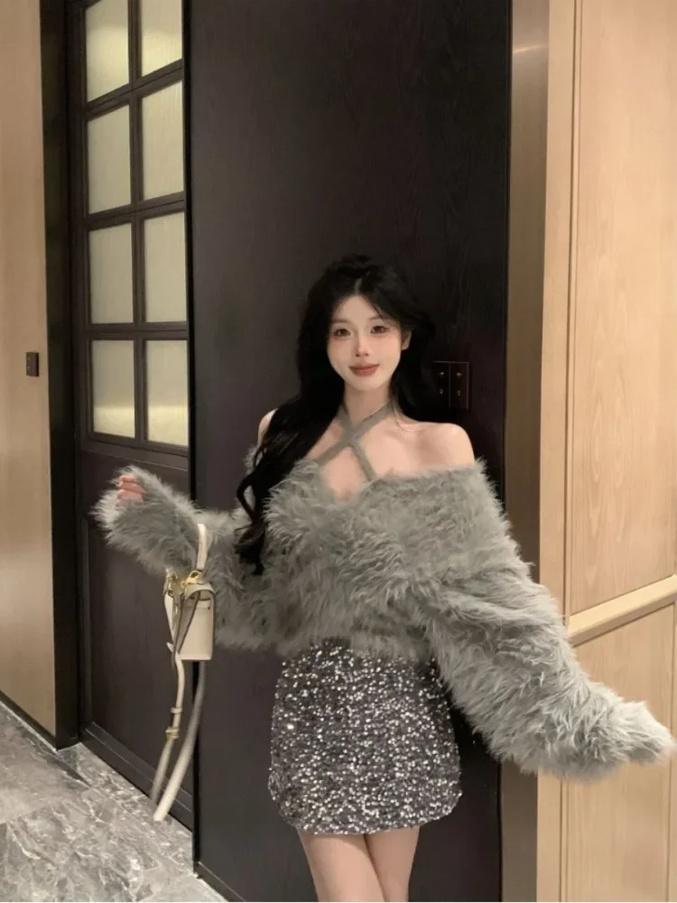 Ezgaga Cropped Sweater Women Halter Off Shoulder Ins Fashion Sexy Autumn Winter Knitted Tops Furry Female Pullover Casual Jumper