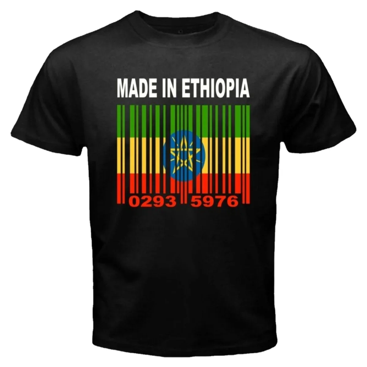 

MADE IN ETHIOPIA Ethiopian African Flag Barcode Numbers T-Shirt. Summer Cotton O-Neck Short Sleeve Mens T Shirt New S-3XL