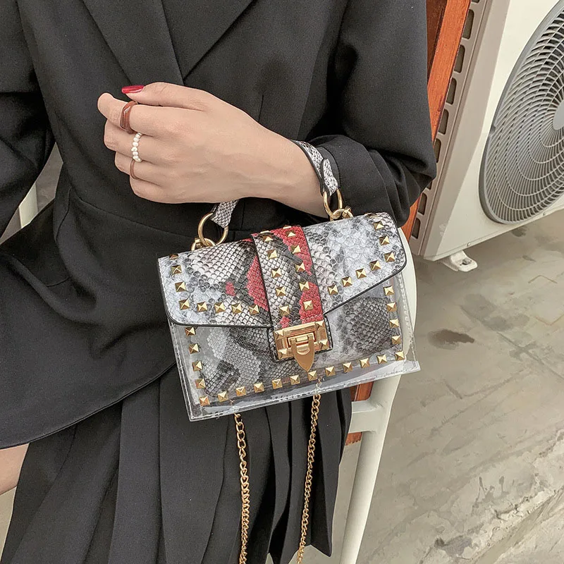 Graffiti Translucent Retro Rivet Women Cover Handbags Letter Shoulder Chain Flap Lady Purse Crossbody Bag