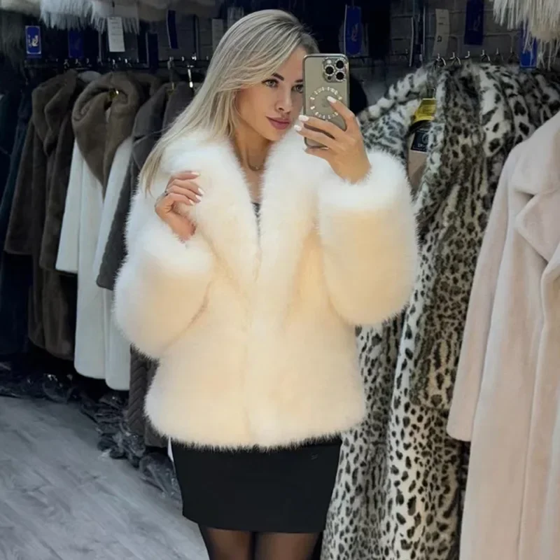 Veste de luxe en fausse fourrure pour femmes, manteau chaud à revers, taille haute, coupe ample, Streetwear de banlieue, hiver 2025