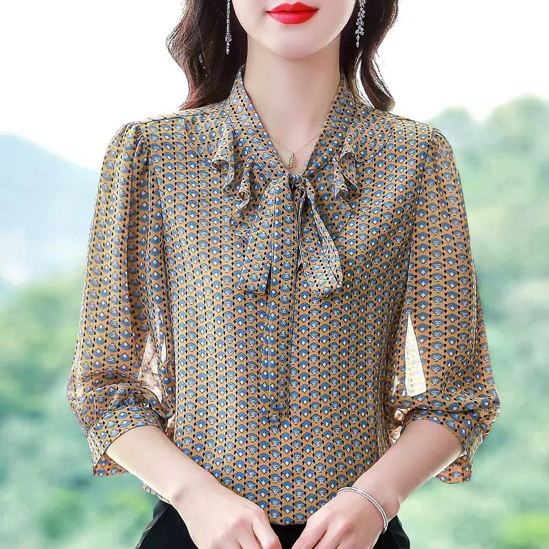 Spring Autumn Women's Pullover Scarf Collar Geometric Printed Ruffles Chiffon Three Quarter Shirt Loose Office Lady Casual Tops