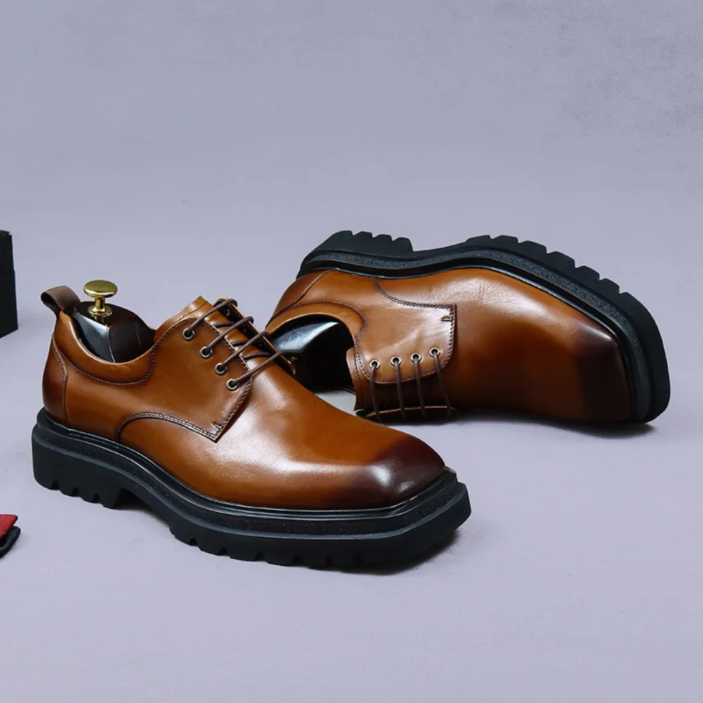 Trouwschoenen voor heren |   Echt leer met vierkante neus, Britse stijl, ademende formele casual leren schoenen met dikke zolen