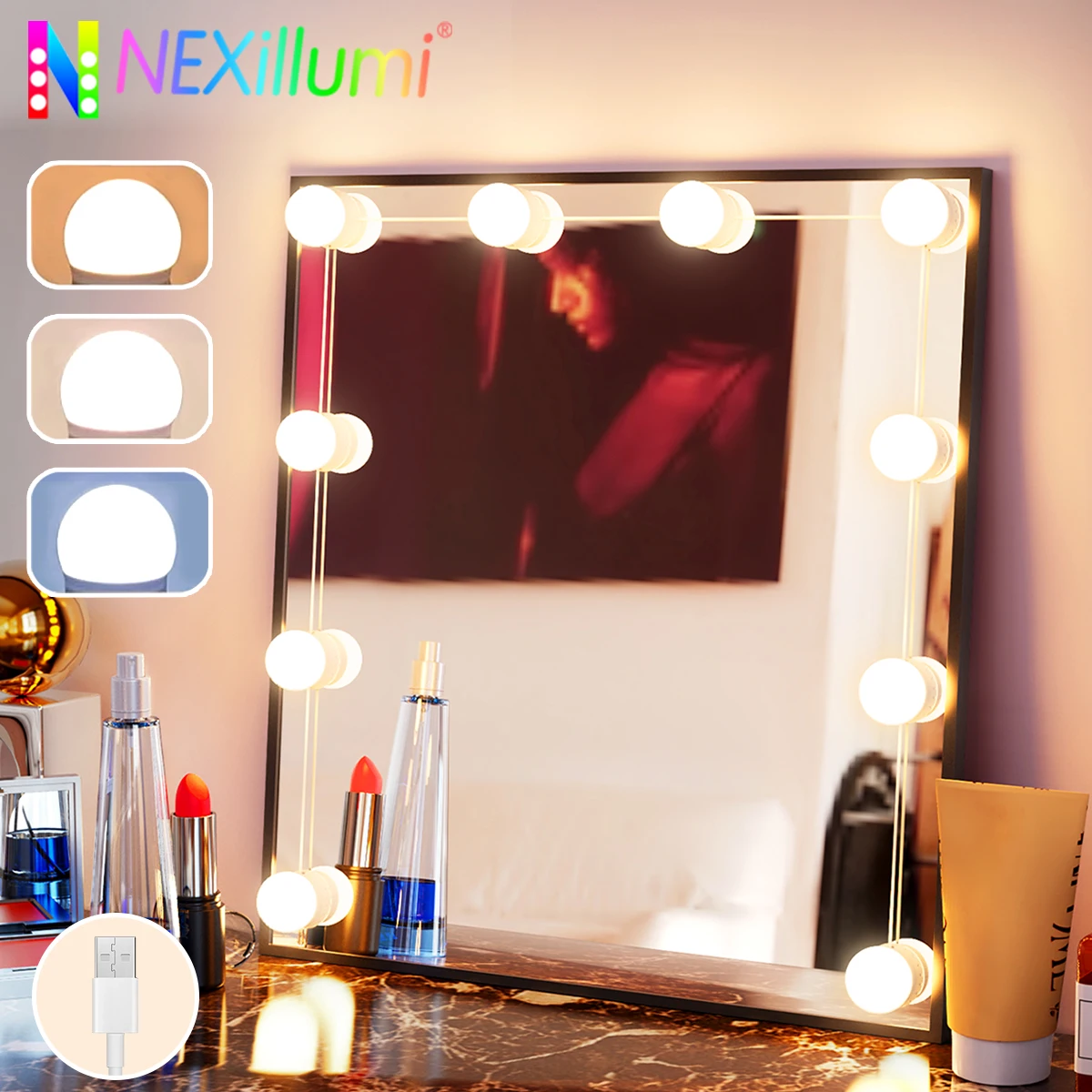 

LED Vanity USB Makeup Light for Mirror with 10 Dimmable Bulbs, Three Color Changes, Adjustable Angle for Bathroom Table Bedroom