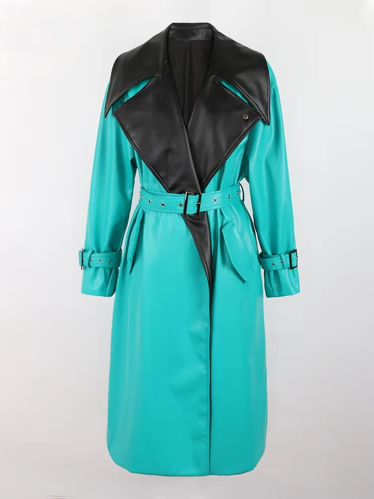 Mauroicardi Spring Autumn Long Waterproof Patchwork Pu Leather Trench Coat for Women Belt Luxury Designer Emo Clothes Overcoat