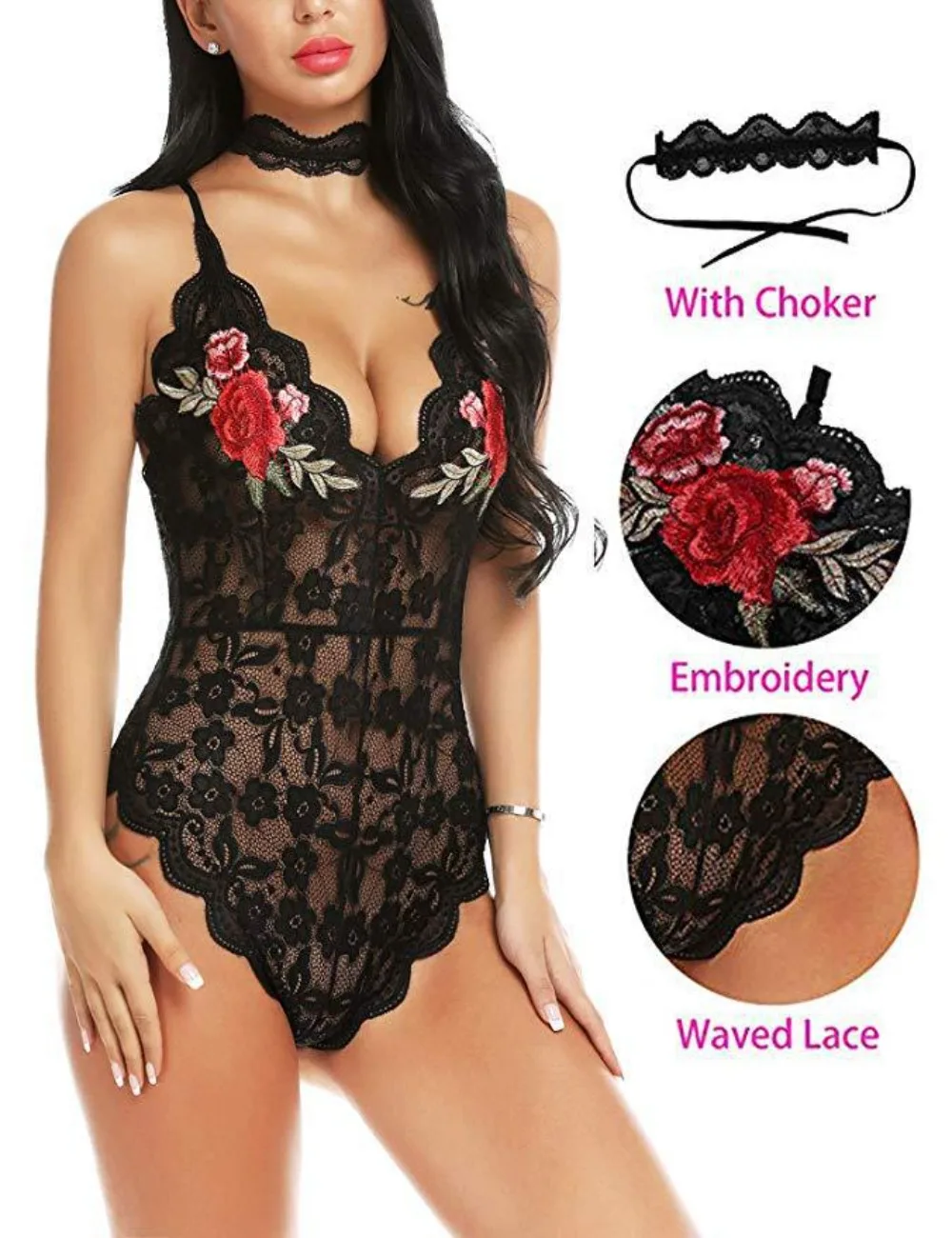 

Sexy Teddies Mesh Lace Women's Bodysuit Sexy Lingerie Halter Jumpsuit Pajamas Hollow See-through embroidery rose Bodysuit