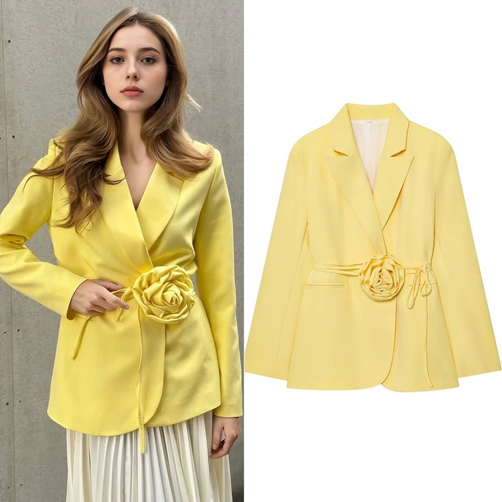

Elegant Blazer Jacket Women Autumn 2025 New Fashion Solid With Pocket 3D Flower Lace Up Outwear Female Casual Loose Suit Coats