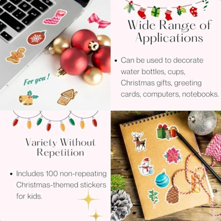 100PCS Christmas Theme Stickers NonRepeating Vinyl Waterproof Holiday Stickers Holiday Gifts for and Teens Xmas Party Favorite