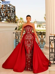 Red Strapless Evening Dresses Elegant Feathers Mermaid Customized For Bride Luxury Crystals Beaded Prom Gown Vestido De Novia