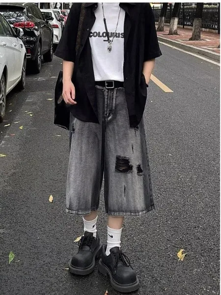 

Мужские джинсовые брюки в стиле ретро с американскими дырками, винтажные крутые повседневные брюки на семь футов, мужские модные летние джинсы