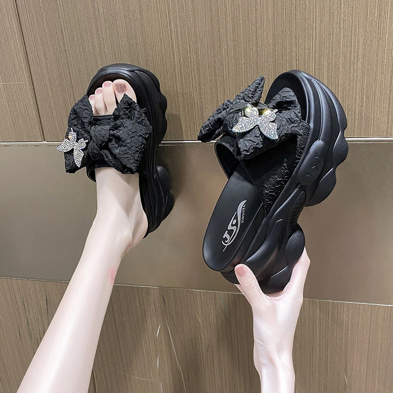 Scarpe pantofole da casa piattaforma donna tacchi Pantofle Slides Butterfly-Knot Fashion Soft High 2024 Luxury Flat Summer PU Shoes Wo