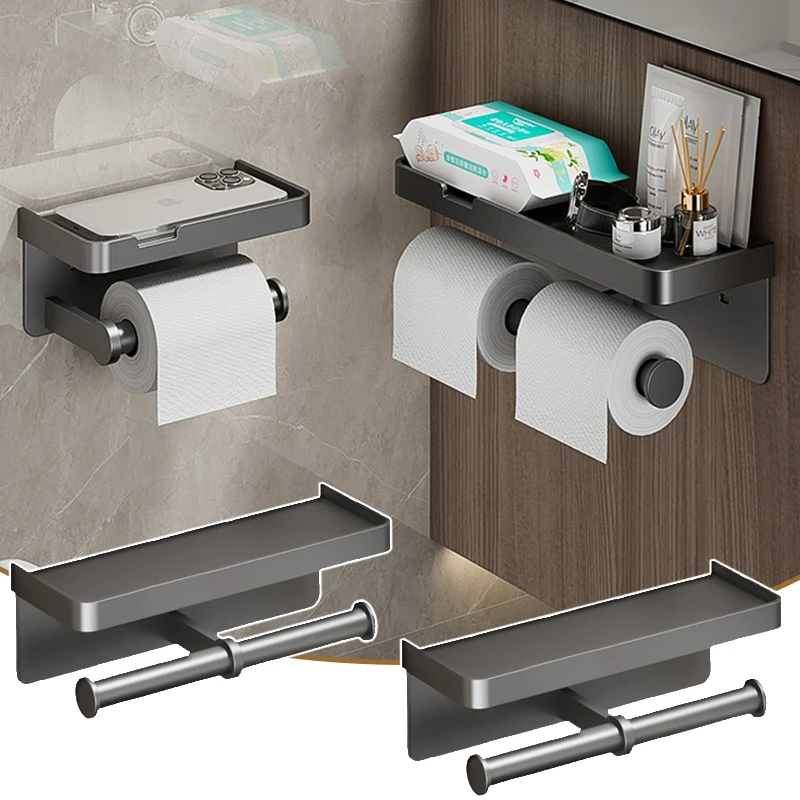 Aluminum Alloy Toilet Paper Holder Wall-Mounted Double layer Paper Roll Holder With Storage Tray Bathroom Organizer Phone Stand