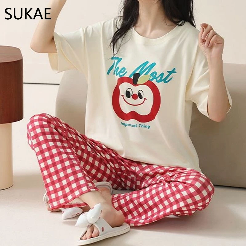 100% Cotton! SUKAE HQ Fashion Women Sleepwear Casual Short Sleeves Pajamas Set Leisure Loungewear Cartoon Nightwear for Girls