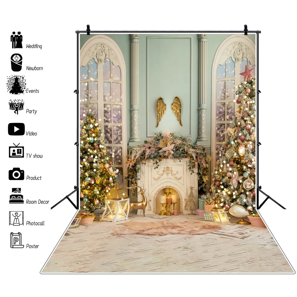 Christmas Wood Floor Backdrop Winter Snow Xmas Tree Gift Christmas Family Party Background New Year Party Decoration Backdrop