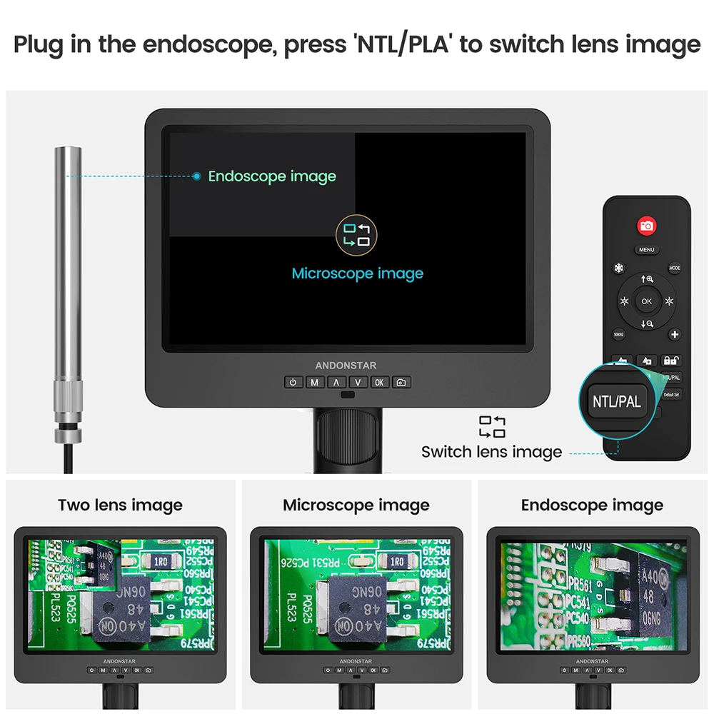 Andonstar AD249SM with Endoscope 10.1'' HDMI Digital Microscope 2000X for Circuit Board Repairing Microscope Electronics Repair