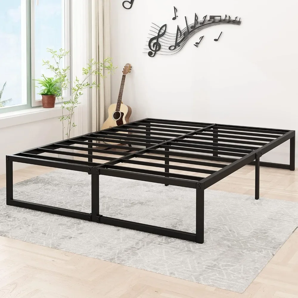 14 inch large bed frame heavy duty steel slats support, large size without springs, easy to assemble, metal platform bed frame