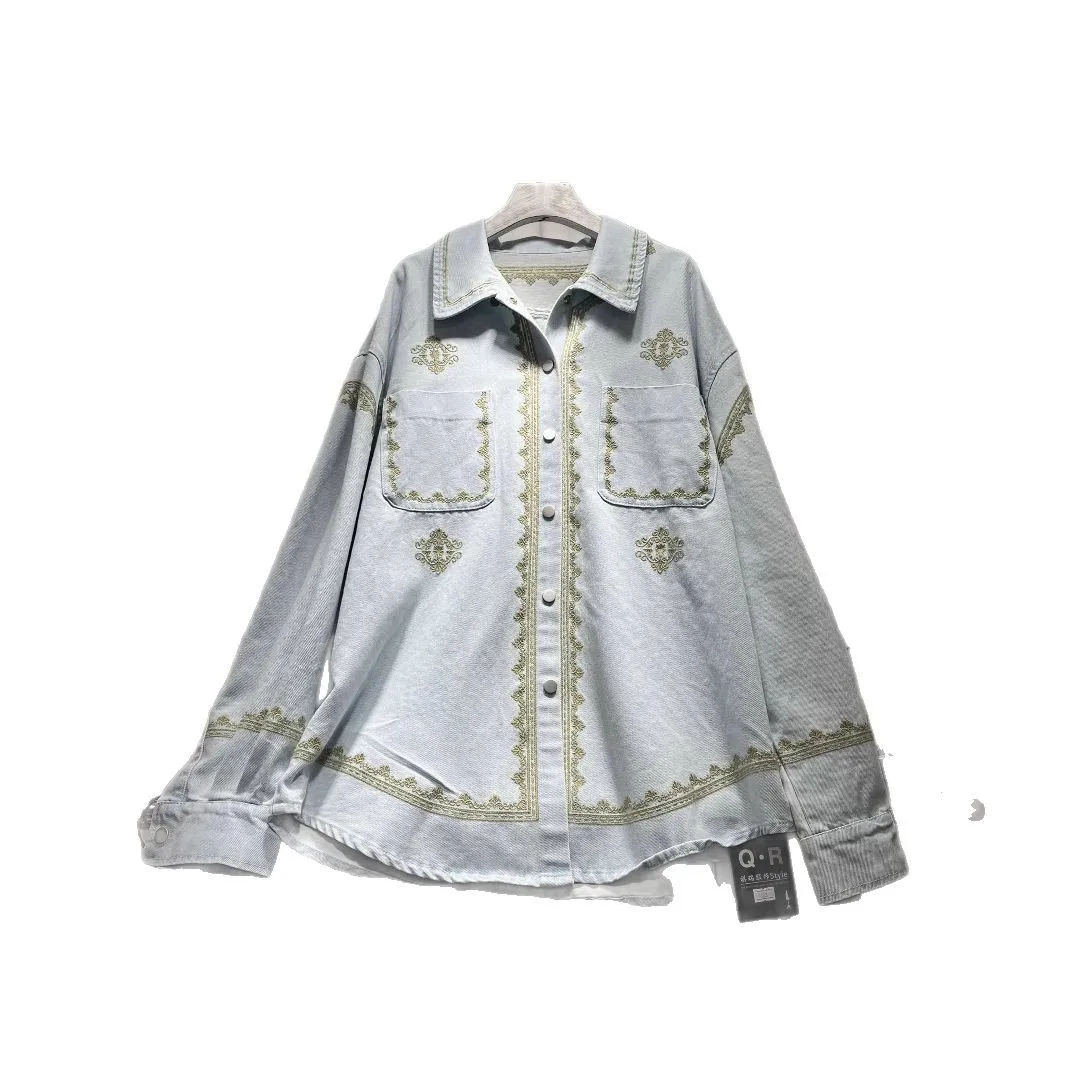 SuperAen الربيع والخريف 2025 جديد الكورية نمط المرأة فضفاضة موضة أنيقة الأزرق ريترو طباعة التطريز قمصان جينز #5