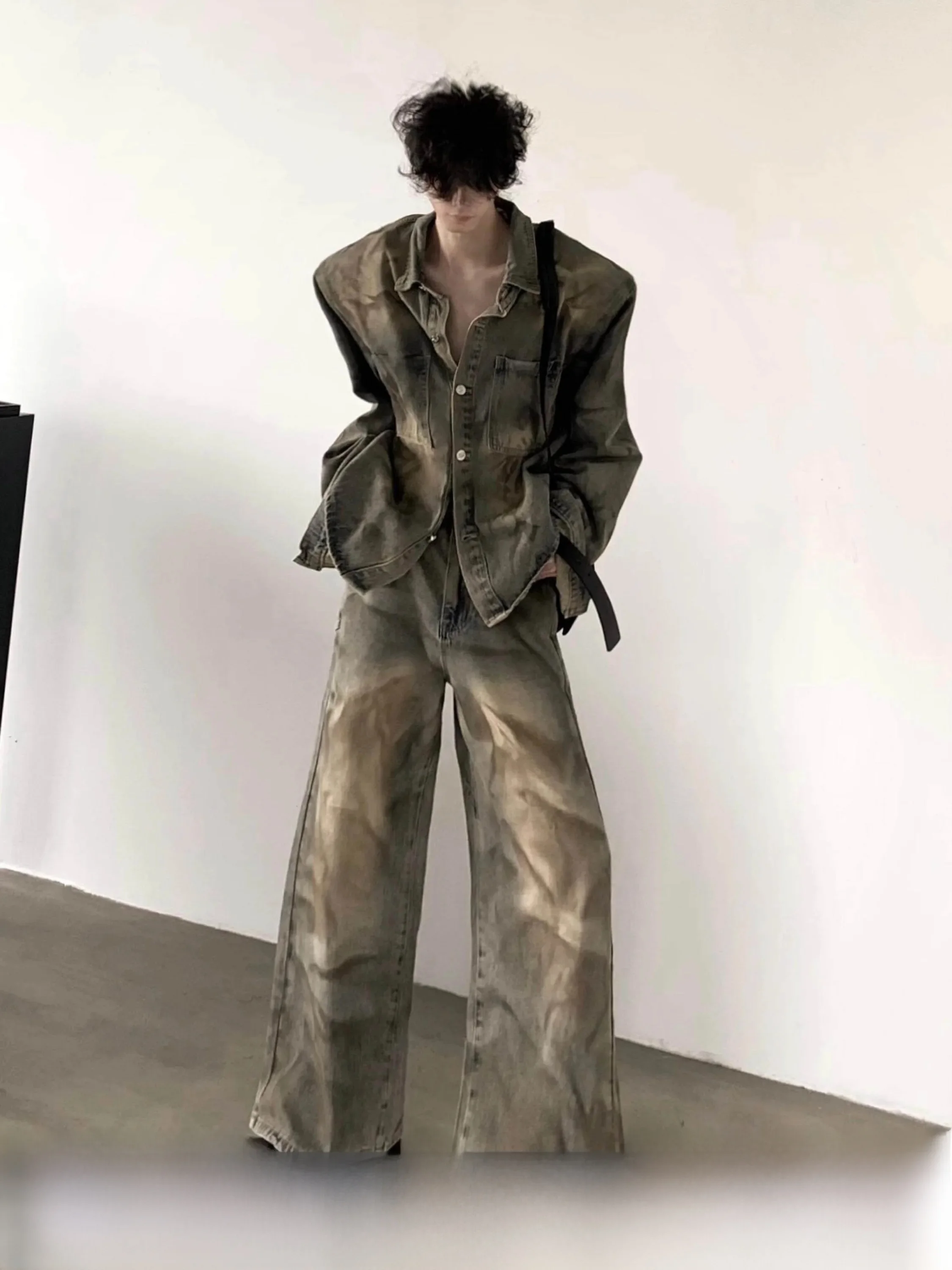 Retro Washed Denim Jacket And Pants Set Men's Shoulder Padded Vintage Style Spring Autumn Winter Casual Breathable Outerwear