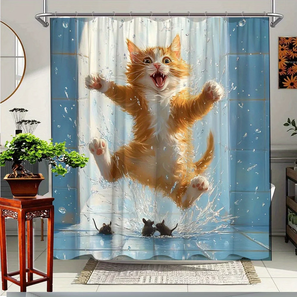 

Funny Cat Jumping Shower Curtain Cartoon Cat And Mice Scene Bathroom Decor Playful Animal Print Waterproof Bath Curtain