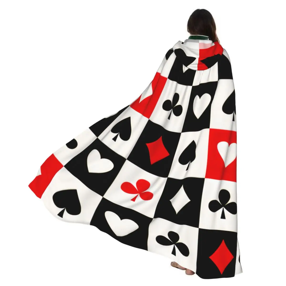 

Adult Vampire Cape Hooded Robe Red Black Poker Square Plaid Checkerboard Heart Geometric Playing Cards Cloak Full Length Cosplay