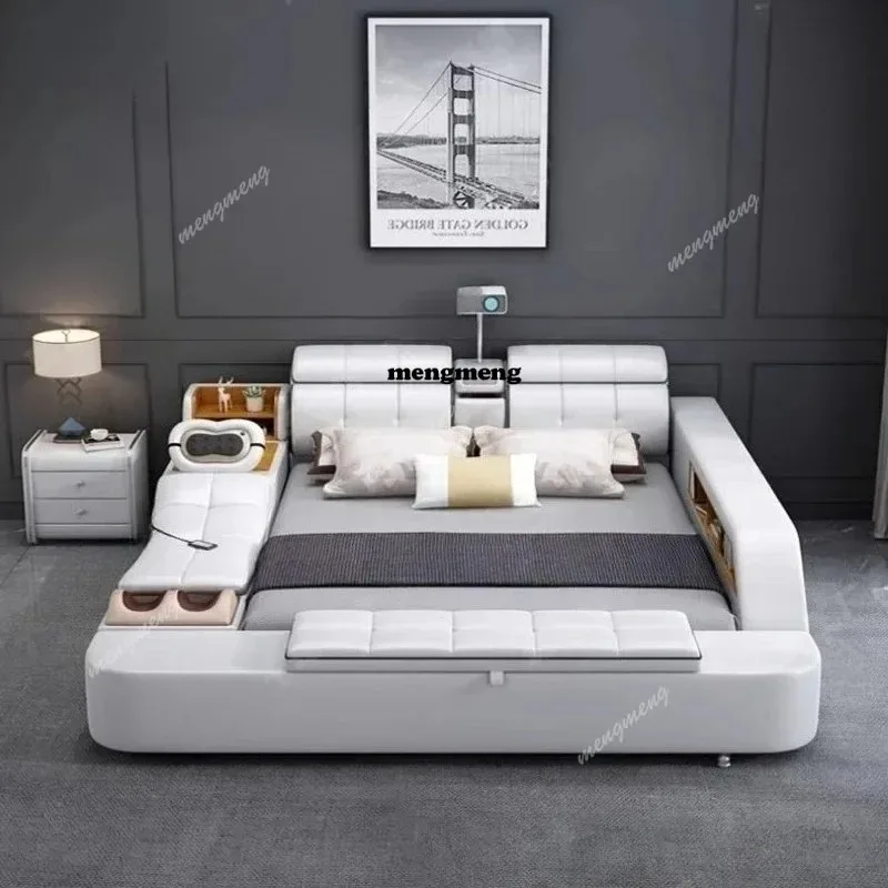 

Wooden Headboard Bed Modern European Double Upholstery Bed Queen Nightstands Lit Intelligent Multifonctions Home Furniture