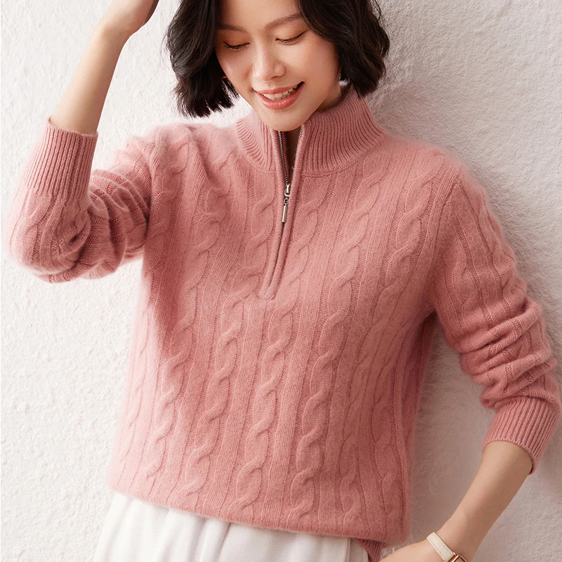 Autumn Winter 100% Cashmere Pullover For Women Loose Stand Collar Zip Neck Knit Sweater Warm Soft Layering Piece Everyday Style.
