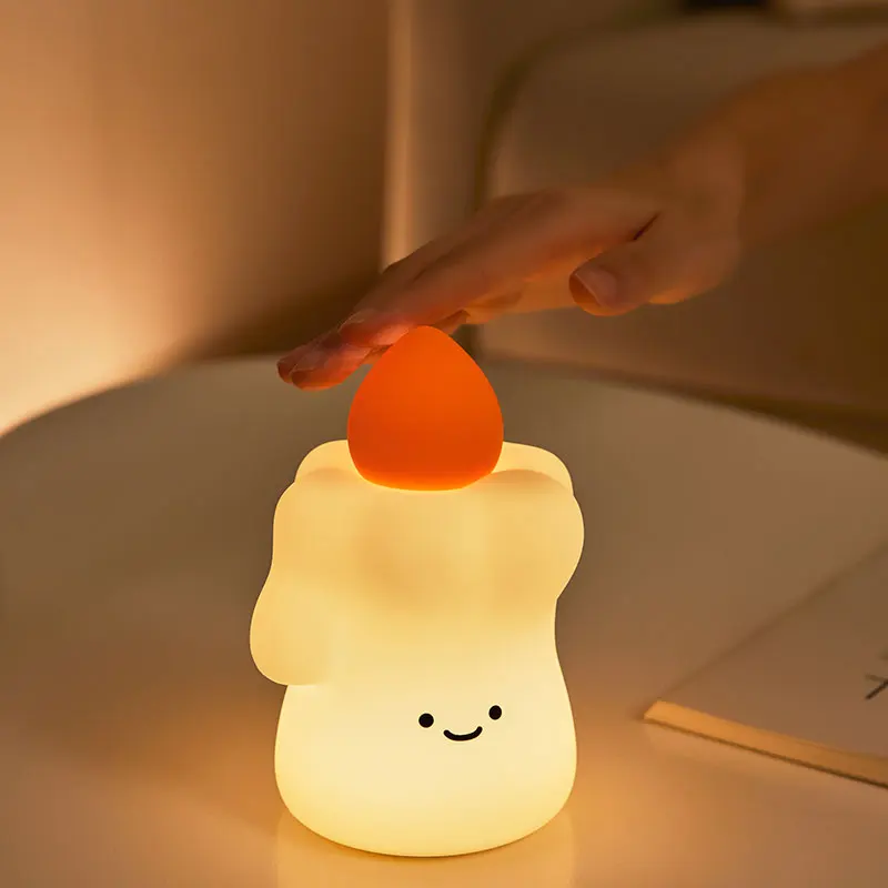 Adorable Candle-Shaped Silicone Night Light USB Rechargeable Soft Glow Lamp Touch Dimming Bedside Lamp for Kids Baby Nursery