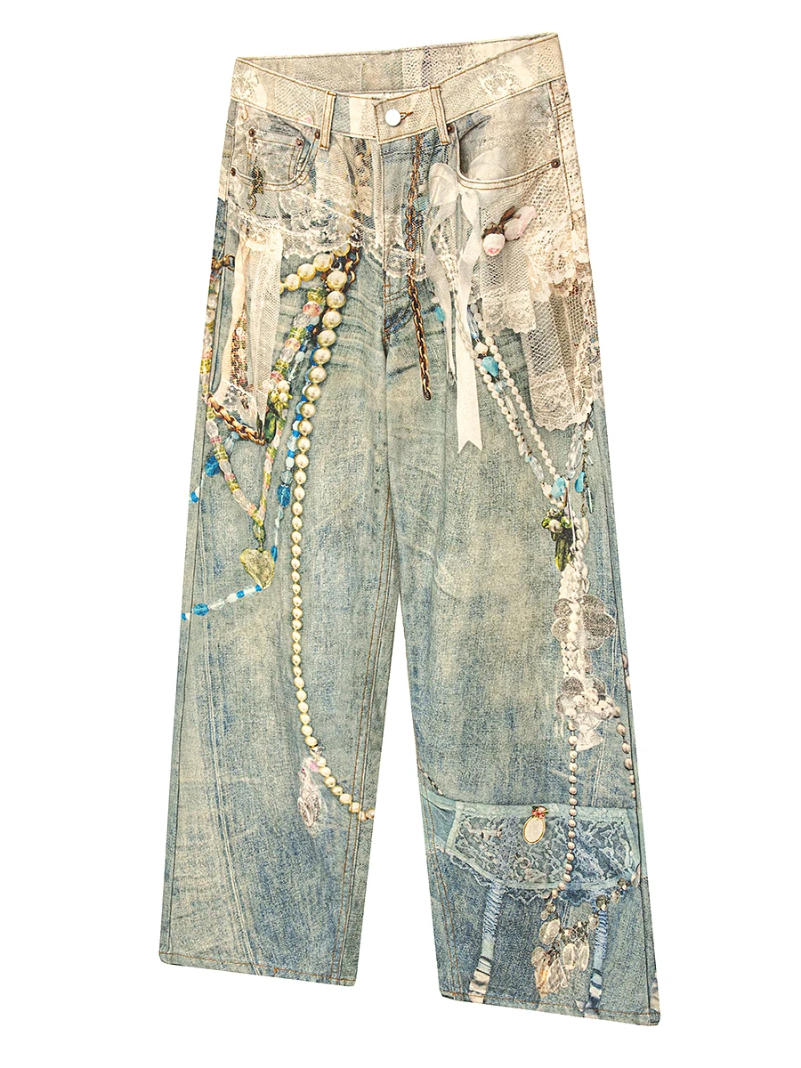 

Мужские джинсы с 3D-печатью для тяжелой промышленности, свободный крой, повседневные длинные брюки, прямые и широкие штанины, модный бренд, осенняя коллекция