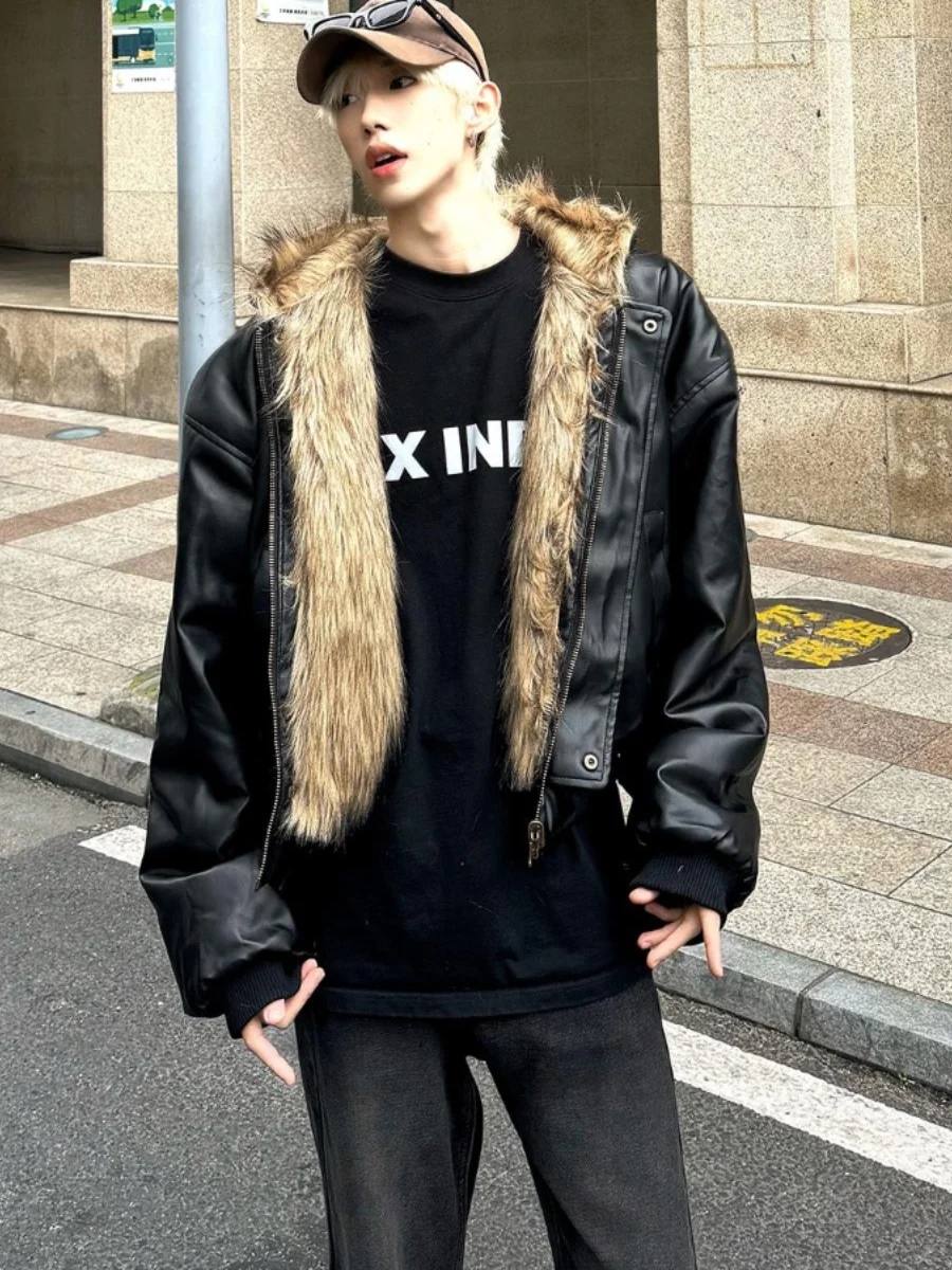 

Double-Sided Wear Leather And Fur Jaet Men's Winter Coat with Hood Mountain Eagle Cotton Jaet American ort Sle Parka