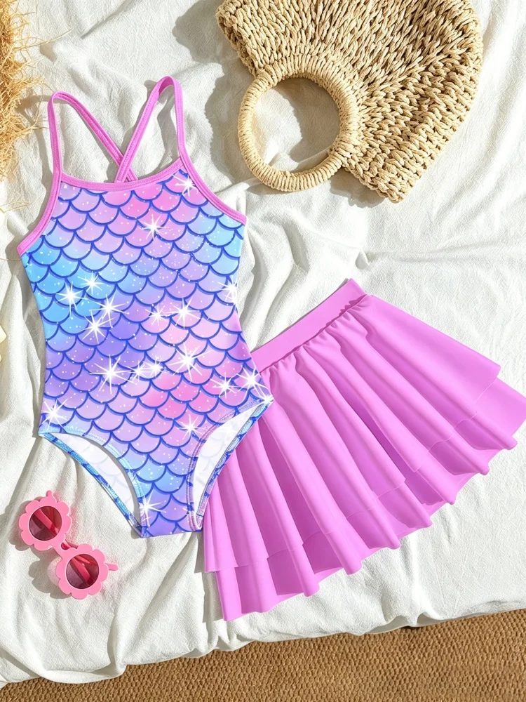 One Piece Kids Girls Swimsuit 2026 New Fish Scale Pattern Sling Children Swimwear Summer Pleated Skirt Beachwear Bathing Suits