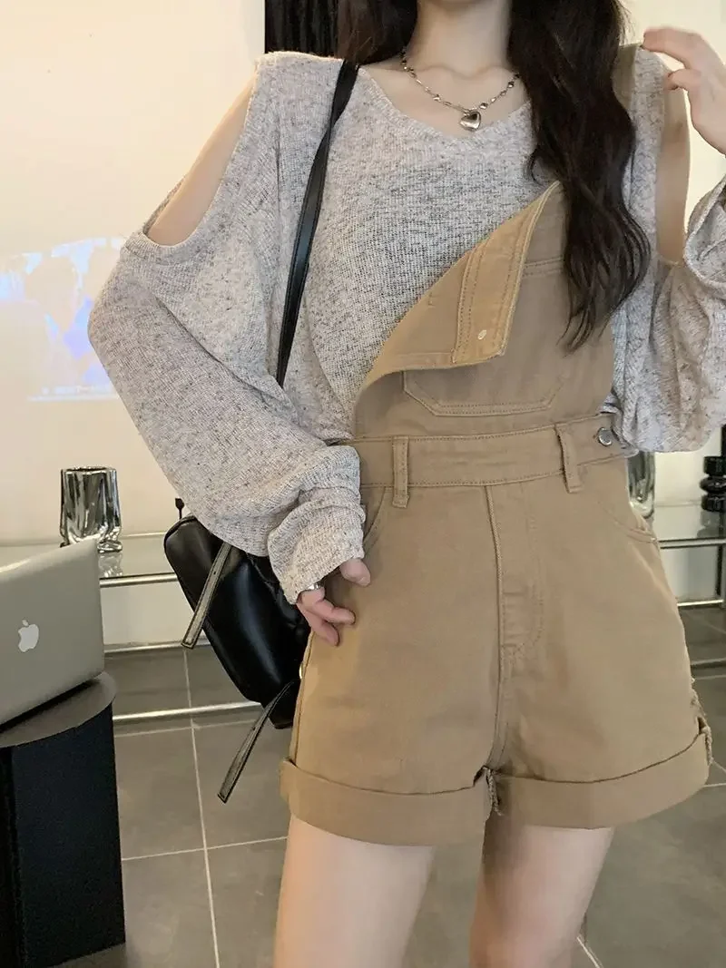 Wide Leg Shorts Pants Trousers Two Piece Set Women  Spring Autumn Casual Loose Denim Hollow Out Shoulder Sunscreen Shirt