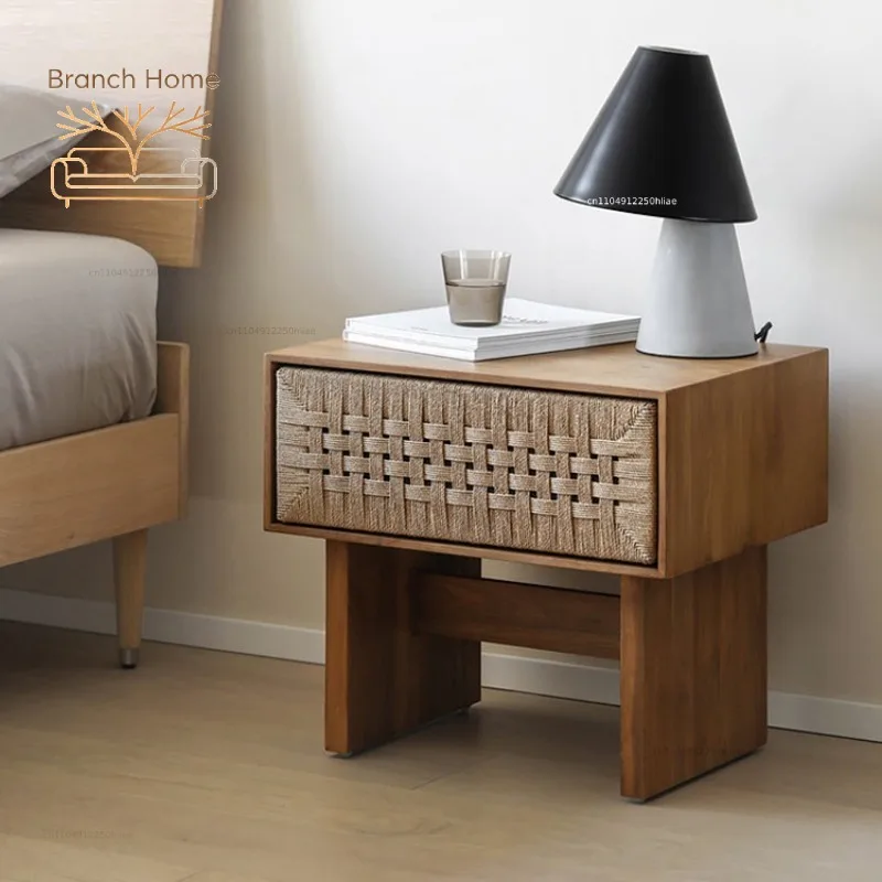 Rattan rope woven log bedside table Nordic oak black walnut bedside table wabi sandy wind pure solid wood retro wind edge few