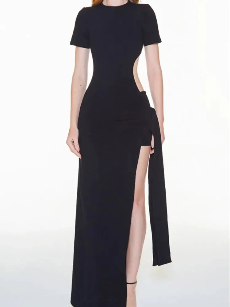 

Spring/Summer Women's Dress New Slim Fit Slit Solid Color Street Style Fashionable Temperament Elastic Slit Solid Color Dress