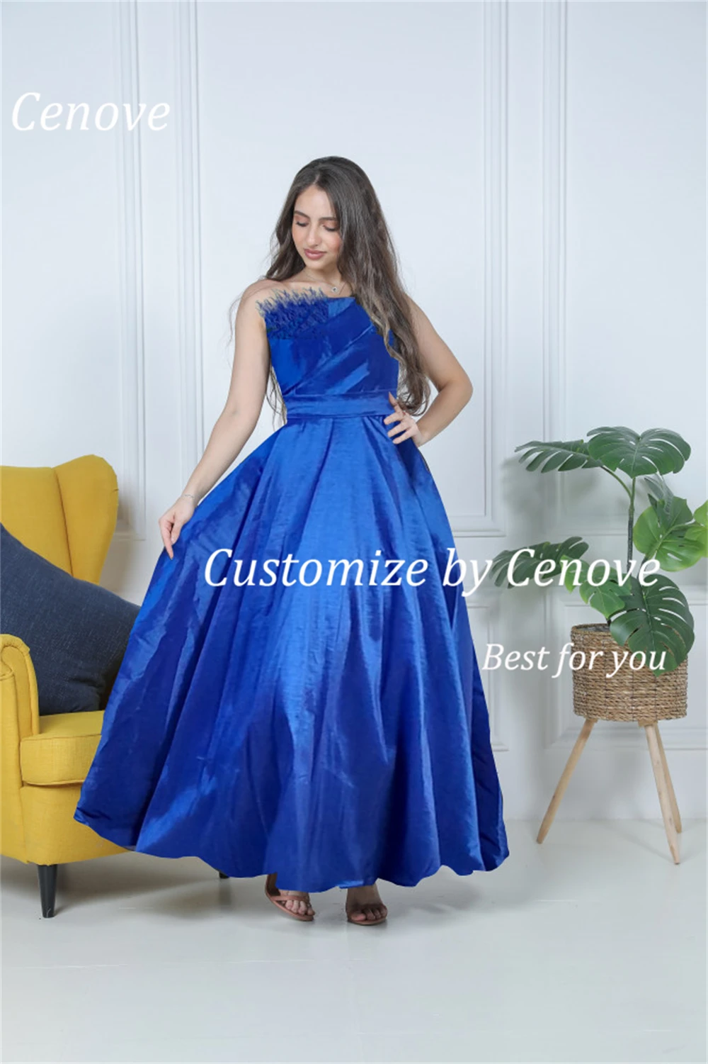 

Cenove A-Line Fold Feather Evening Gown Formal Elegant Prom Blue Black New Party Dresses for Women 2023