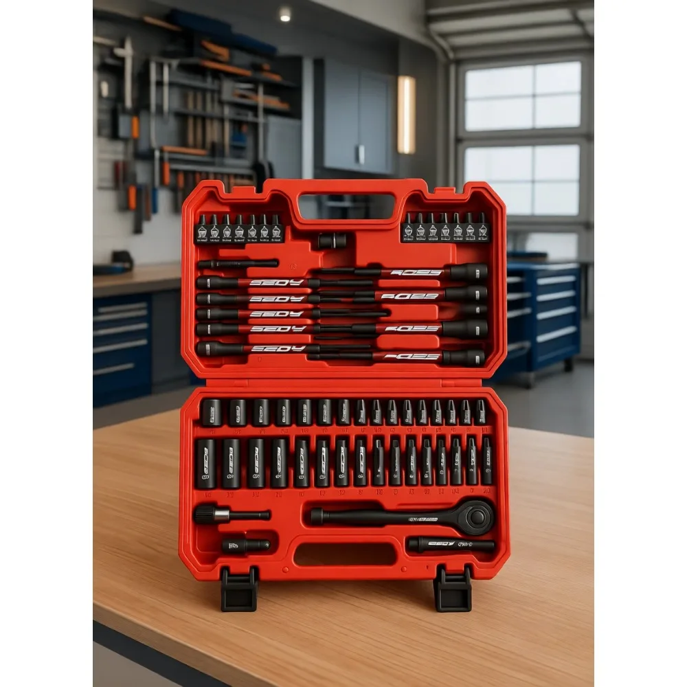 

63-Piece 1/4-Inch Drive Socket and Nut Driver Kit Metric 4-15mm with Deep Standard Sockets Extension Bar Ratchet