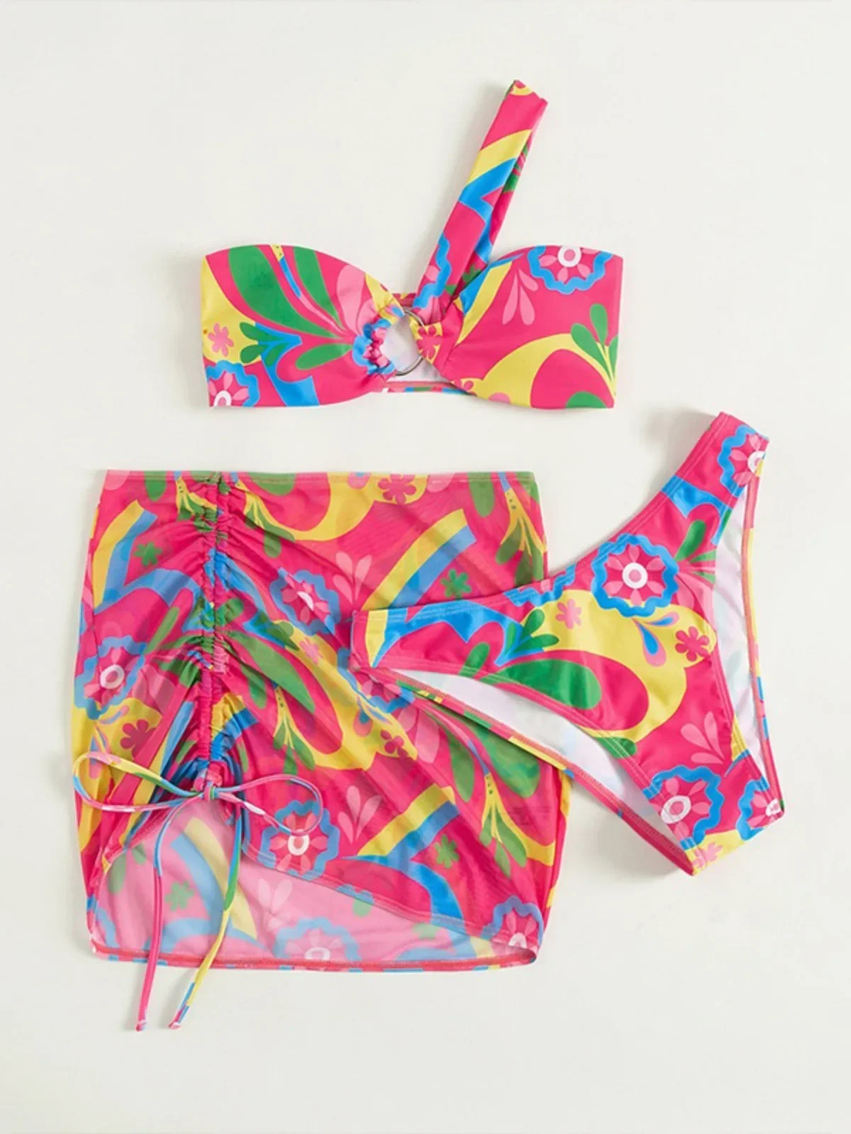 

Flower Print Three Piece Swimsuit for Women 2024 Single Shoulder Hollow Out Bikini Set Mesh Skirt Beach Vacation Swimwear 2024