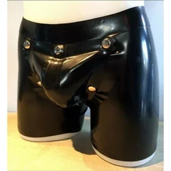 Men Latex Panties Shorts with Codpiece Crotch Hole Back Zipper Rubber Short Pants Cosplay Costume Black Color