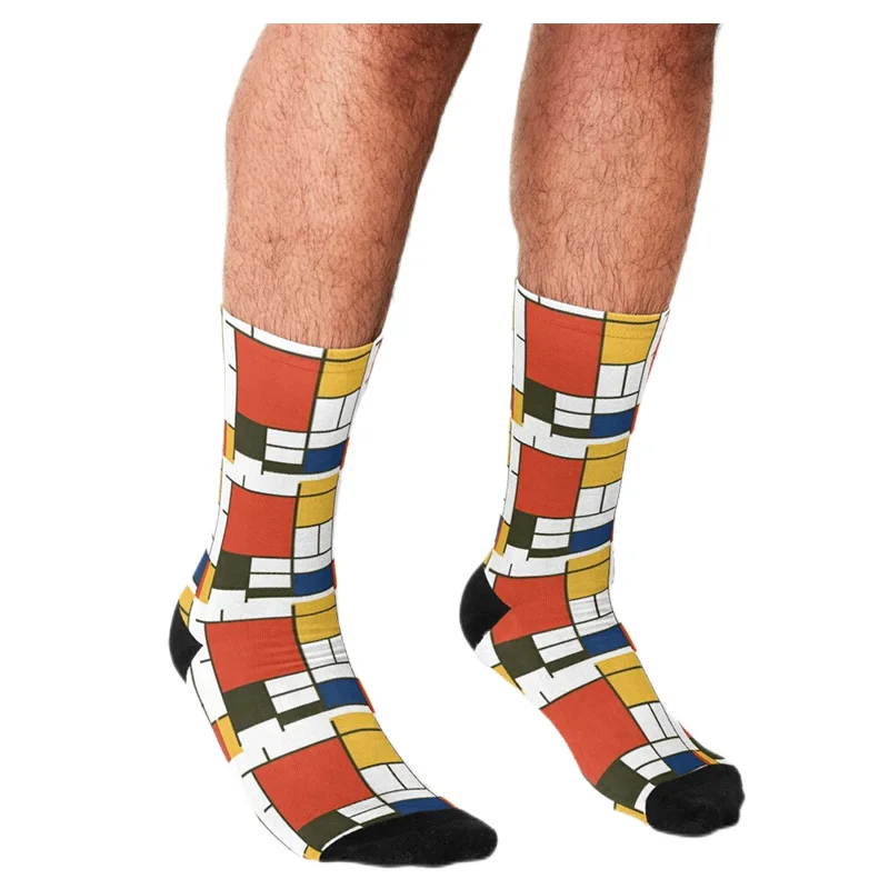 Funny Men socks Mondrian Minimalist lattice Printed hip hop Men Happy Socks cute boys street style Crazy novelty Socks for men