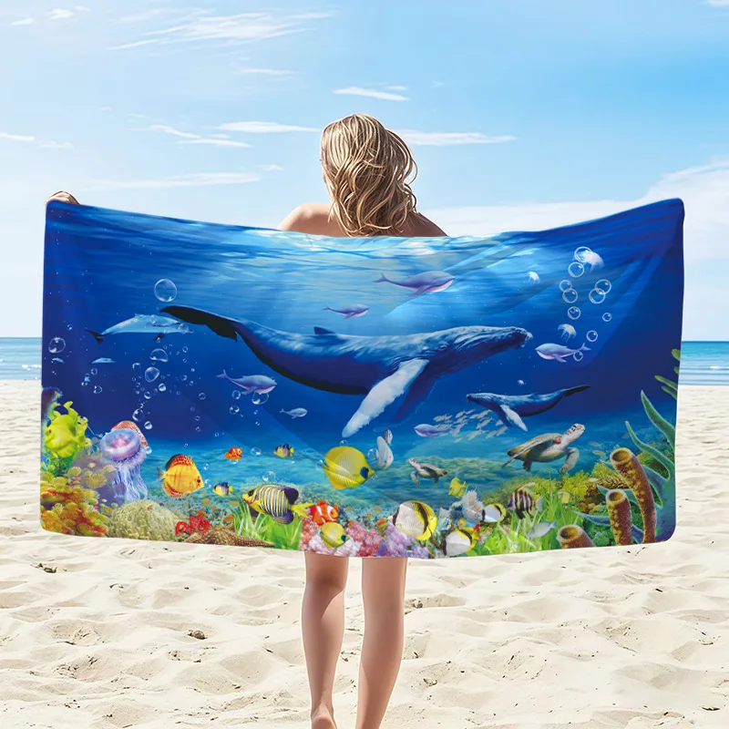 Newest Tropical Coconut Tree Seaside Villa Seagull Print Microfiber Beach Towel, Quick Dry Large Towel for Beach Pool Vacation