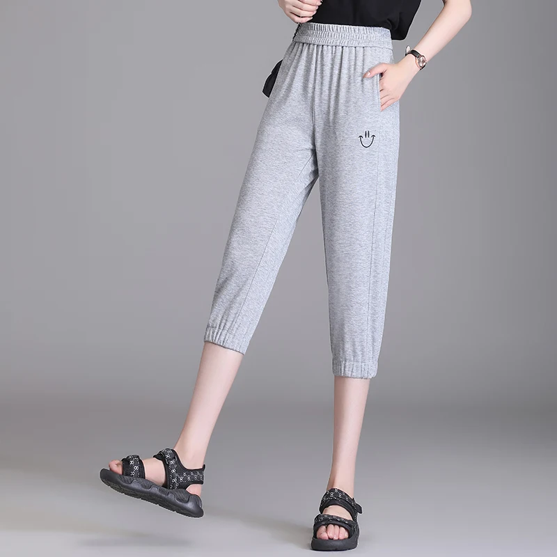 High-Waist Harun Pants Capris Women's Summer Thin Loose Pants Fat MM Capris Elastic Waist Gray Casual Pants M-5XL