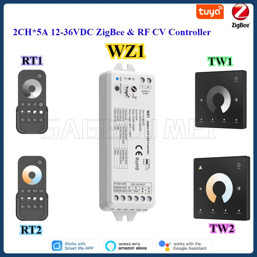 

WZ1 ZigBee Tuya 2CH*5A Wireless RF Dimmer LED Controller DC 12-24V 36V for Single Color Color Temperature LED Strip Light Lamp