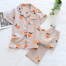 2024 new spring and summer pajamas two-piece 100% cotton gauze women's short-sleeved trousers home service suit cute and thin