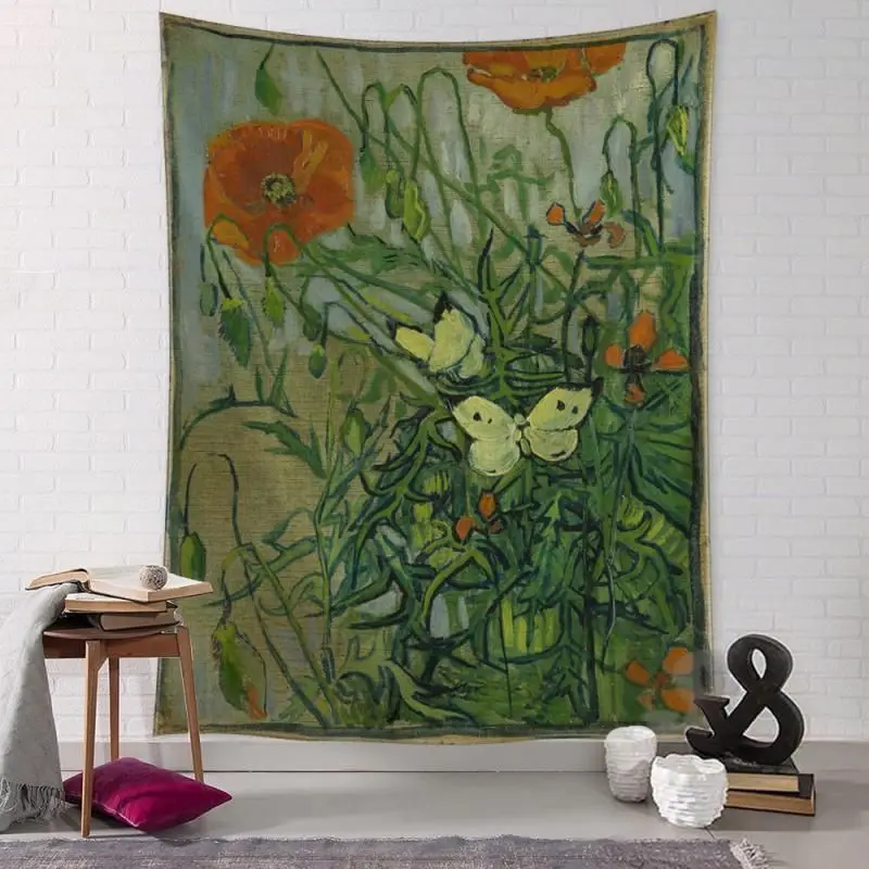 VIKAMA Poppies Butterfly Oil Art Horizontal Tapestry Wall Hanging for Home Aesthetic Cozy Chic Elegant Modern Home Decor